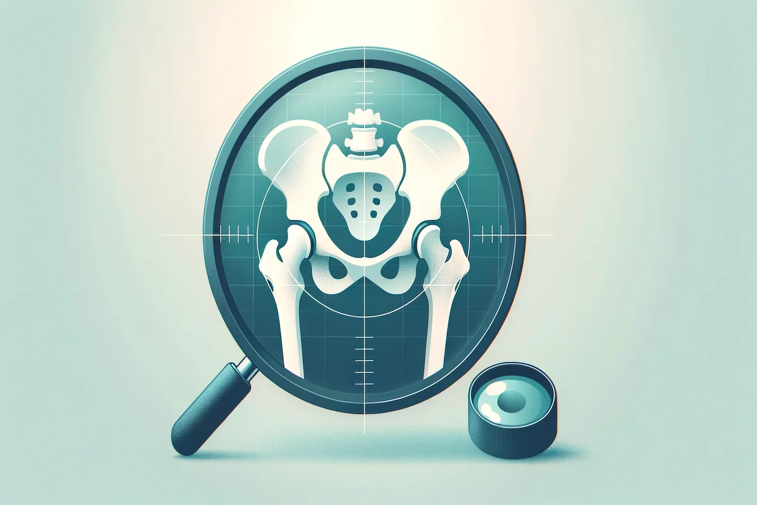 Medical illustration of hip joint examination with magnifying glass representing diagnosis