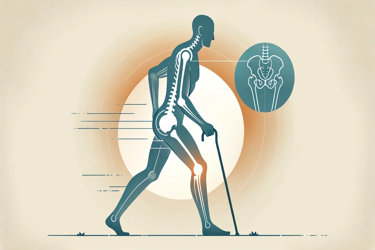 Illustration of a patient walking with a cane during hip replacement recovery