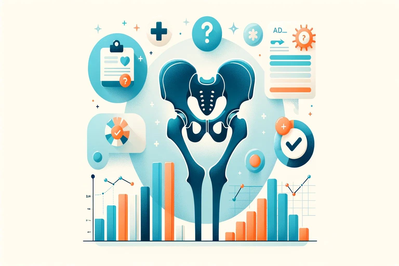 Hip joint illustration with data charts representing FAQs and statistics on hip replacement