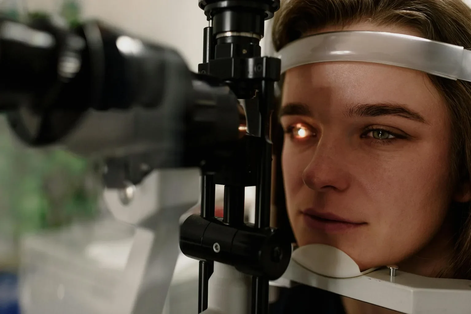 Optometrist using a slit-lamp microscope during a comprehensive eye examination.